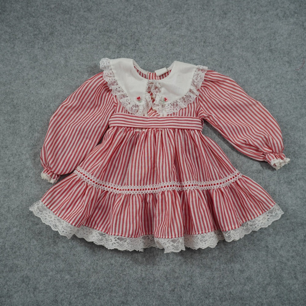 Vintage Bryan Girls 2T Red White Striped Lace Peter Pan Collar Dress Cottagecore